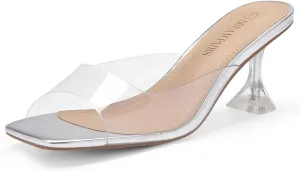 DREAM PAIRS Women’s Clear Heels Square Toe High Stiletto Mules Slip on Wedding Dress Heel Sandals
