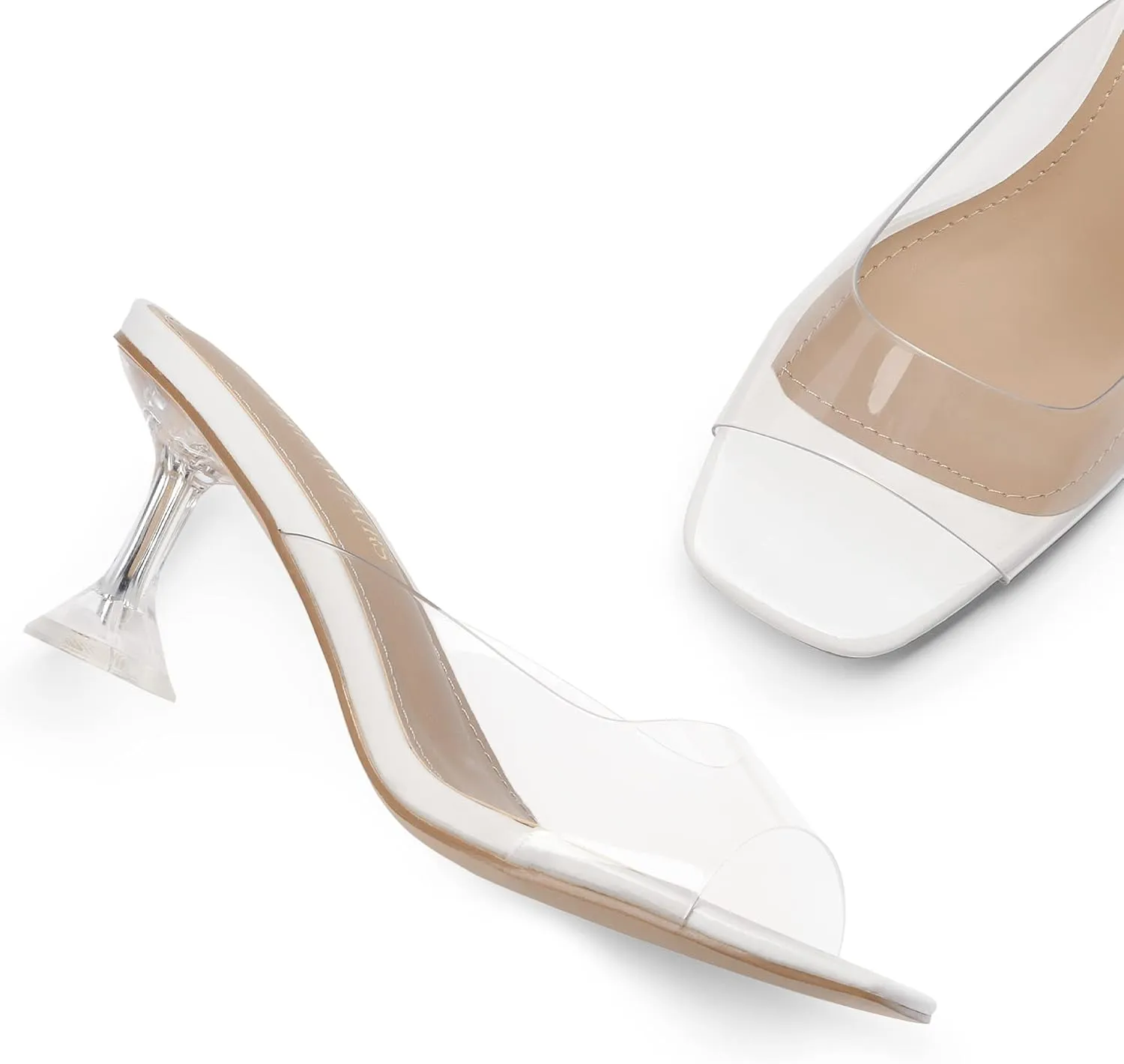 DREAM PAIRS Women’s Clear Heels Square Toe High Stiletto Mules Slip on Wedding Dress Heel Sandals