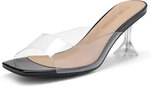 DREAM PAIRS Women’s Clear Heels Square Toe High Stiletto Mules Slip on Wedding Dress Heel Sandals