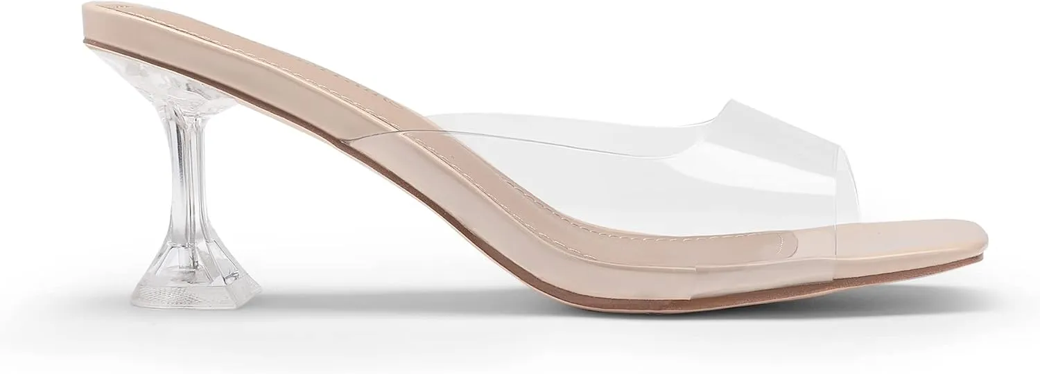 DREAM PAIRS Women’s Clear Heels Square Toe High Stiletto Mules Slip on Wedding Dress Heel Sandals