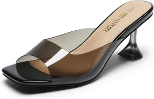 DREAM PAIRS Women’s Clear Heels Square Toe High Stiletto Mules Slip on Wedding Dress Heel Sandals