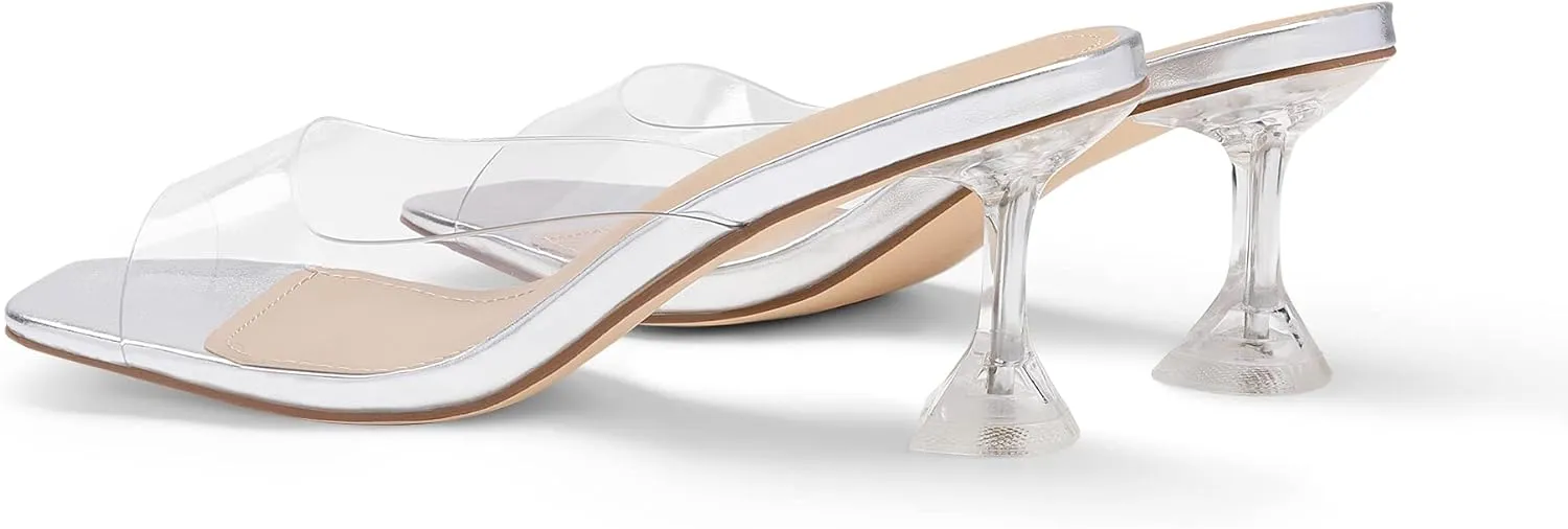 DREAM PAIRS Women’s Clear Heels Square Toe High Stiletto Mules Slip on Wedding Dress Heel Sandals