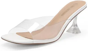 DREAM PAIRS Women’s Clear Heels Square Toe High Stiletto Mules Slip on Wedding Dress Heel Sandals