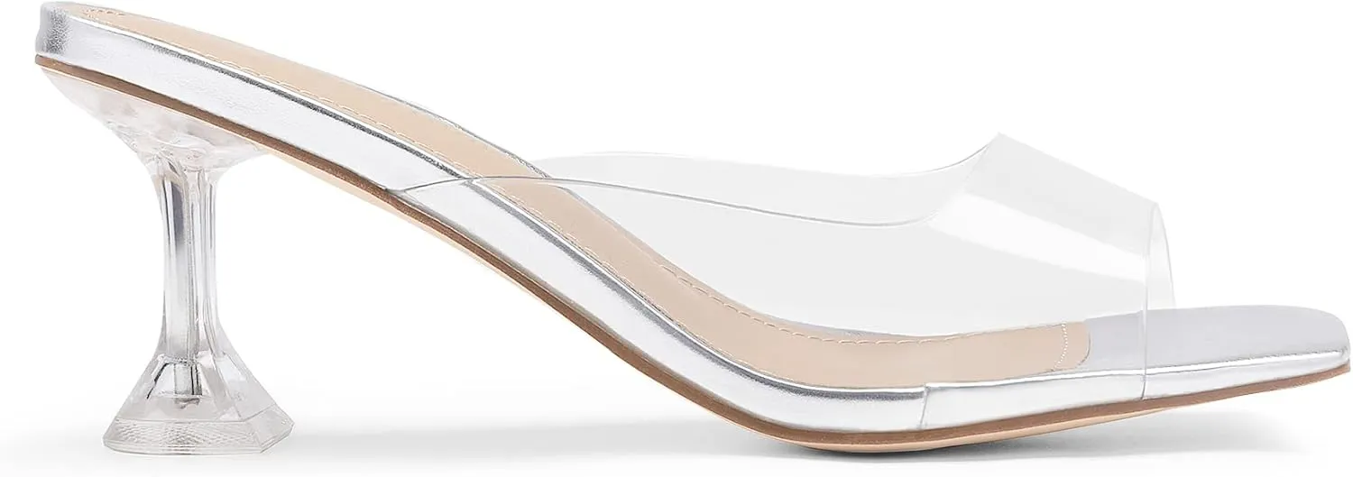 DREAM PAIRS Women’s Clear Heels Square Toe High Stiletto Mules Slip on Wedding Dress Heel Sandals