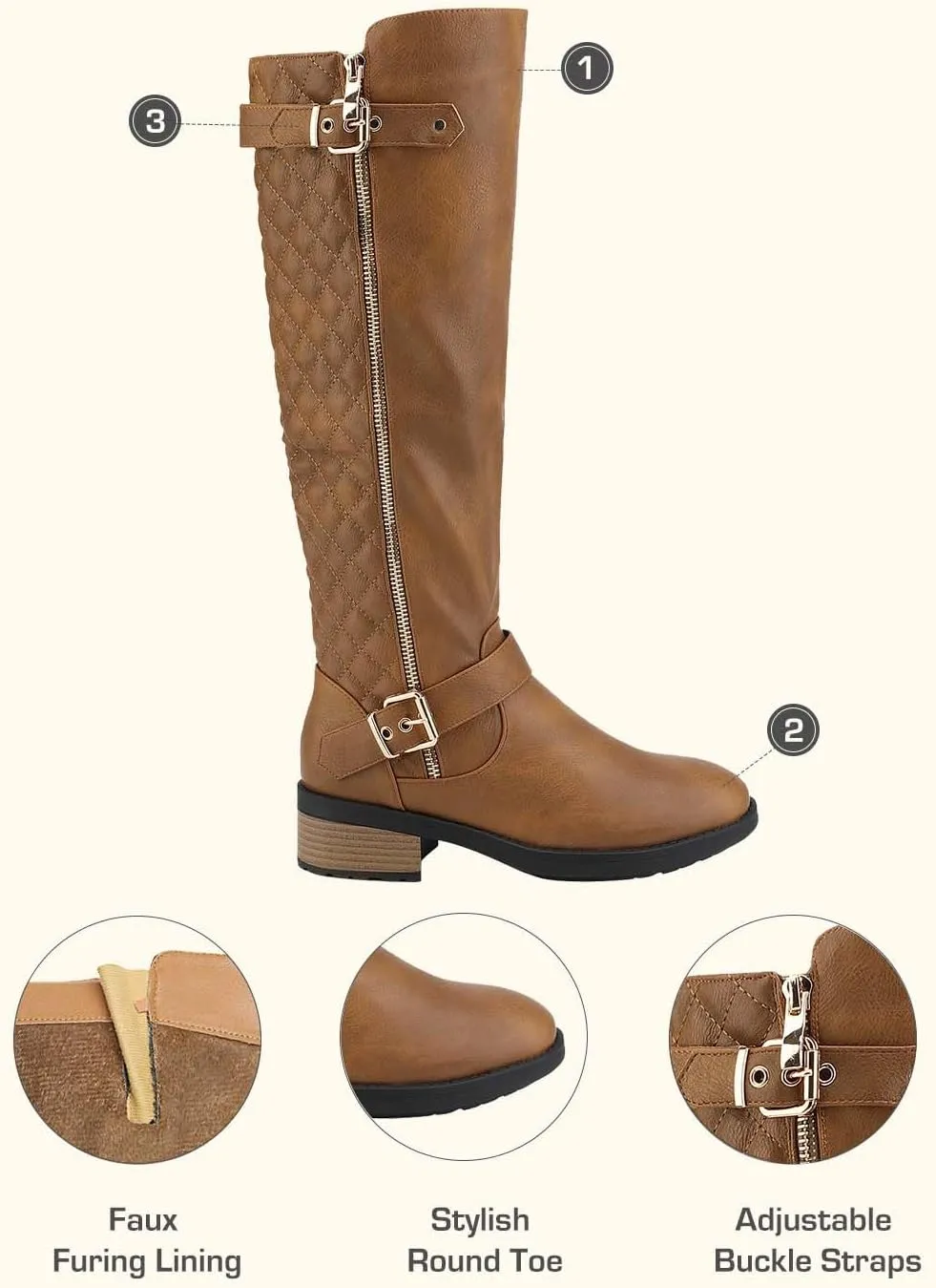 DREAM PAIRS Women's Knee High Boots Low Block Heel Riding Boots Round Toe Side Zipper Biker Motorcycle Buckle Boots
