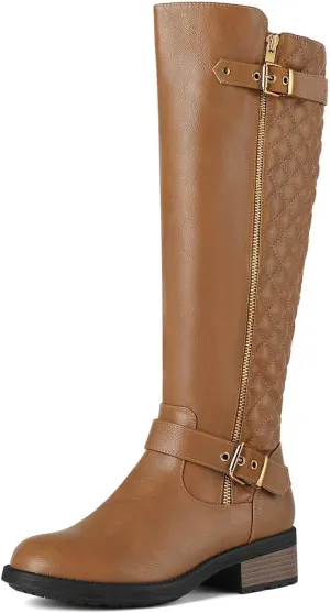 DREAM PAIRS Women's Knee High Boots Low Block Heel Riding Boots Round Toe Side Zipper Biker Motorcycle Buckle Boots