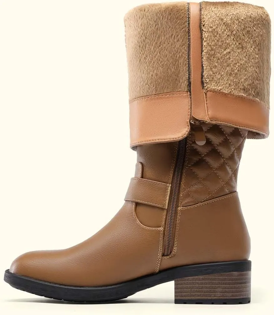 DREAM PAIRS Women's Knee High Boots Low Block Heel Riding Boots Round Toe Side Zipper Biker Motorcycle Buckle Boots