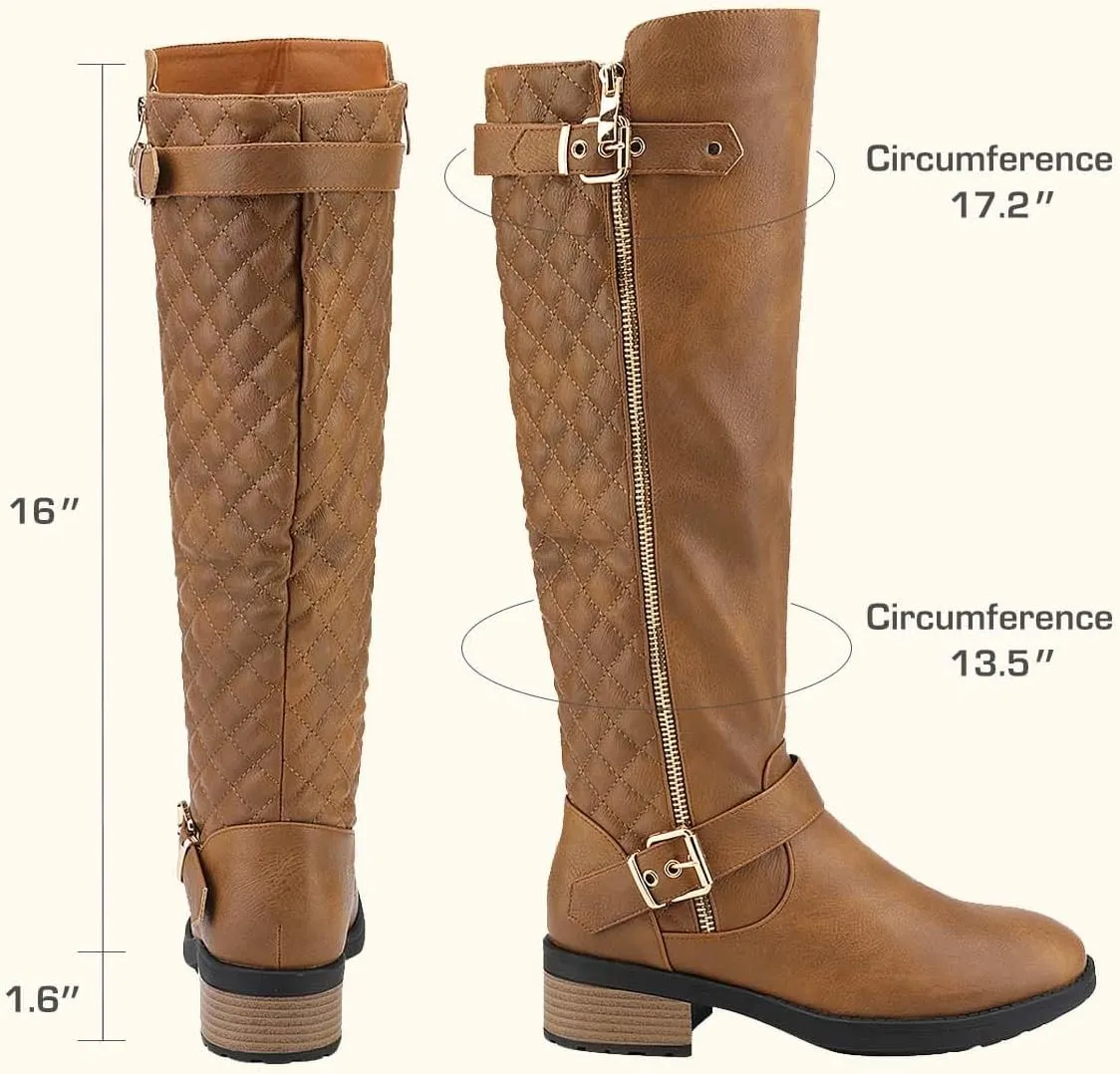 DREAM PAIRS Women's Knee High Boots Low Block Heel Riding Boots Round Toe Side Zipper Biker Motorcycle Buckle Boots