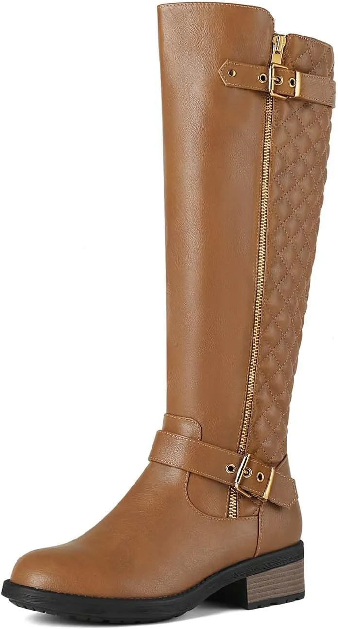 DREAM PAIRS Women's Knee High Boots Low Block Heel Riding Boots Round Toe Side Zipper Biker Motorcycle Buckle Boots