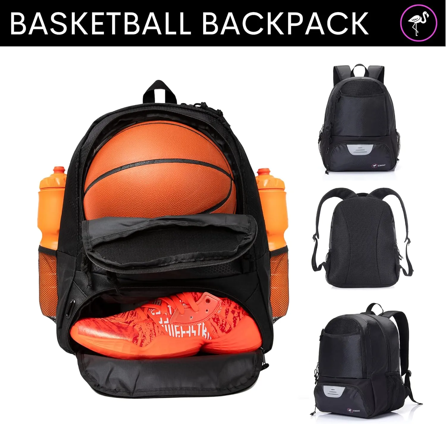 ERANT Athletic Backpack - Large Sports Soccer & Basketball Bag - Separate Ball & Cleat Compartment - Durable Design - Boys & Girls - For Soccer, Basketball, Volleyball and Gym Equipment - Blue/Black