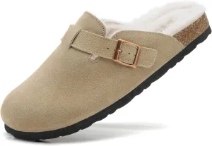 Erica Women's Cork Footbed Clogs Genuine Soft Suede Fuzzy Faux Fur Lined Comfort Cushioned Mule Slide Shoes