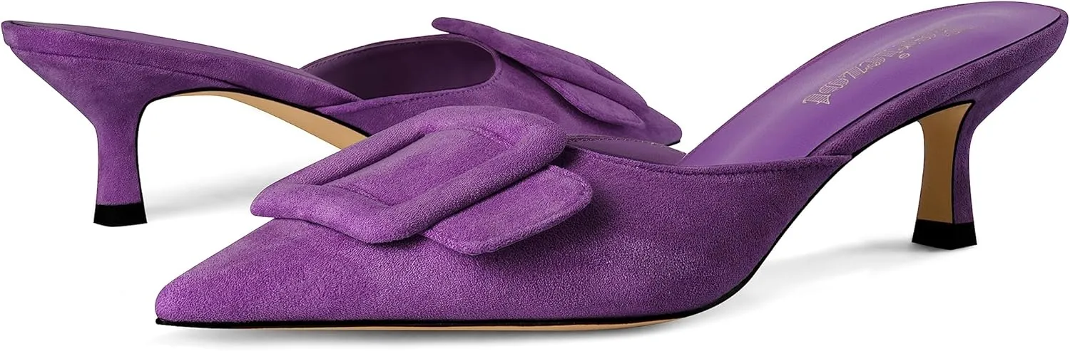 Fericzot Mule Slippers for Women,Slingback Buckle Pumps Pointed Toe Kitten Heels Shoes Slides Backless Dress Sandals