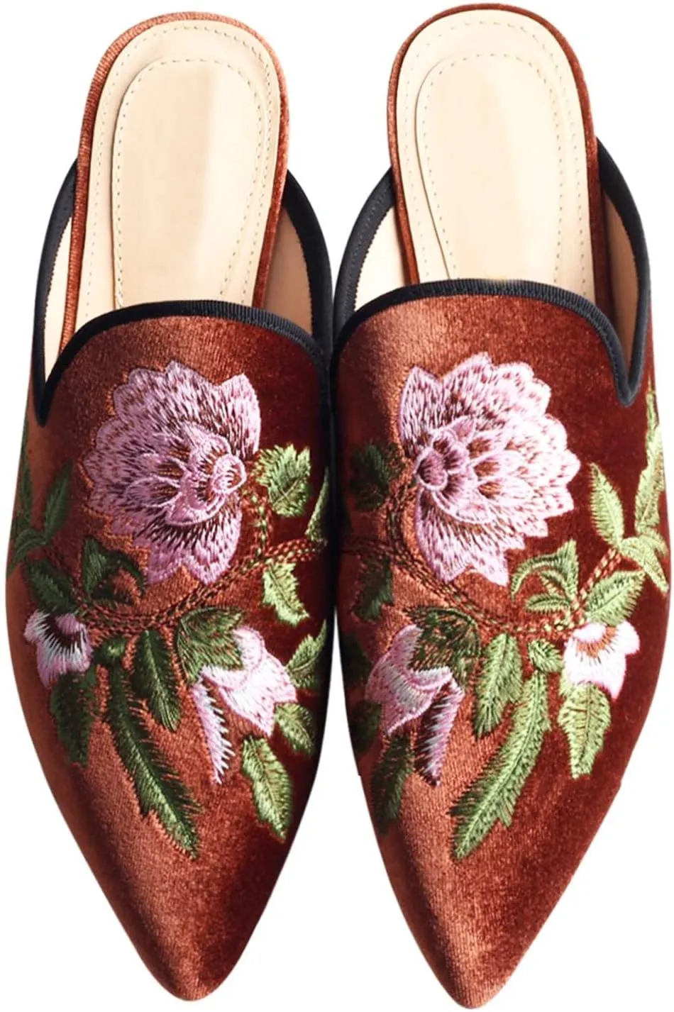 Fericzot Women's Velvet Backless Pointed Toe Slip On Loafers Flats Embroidery Mule Slippers Shoes