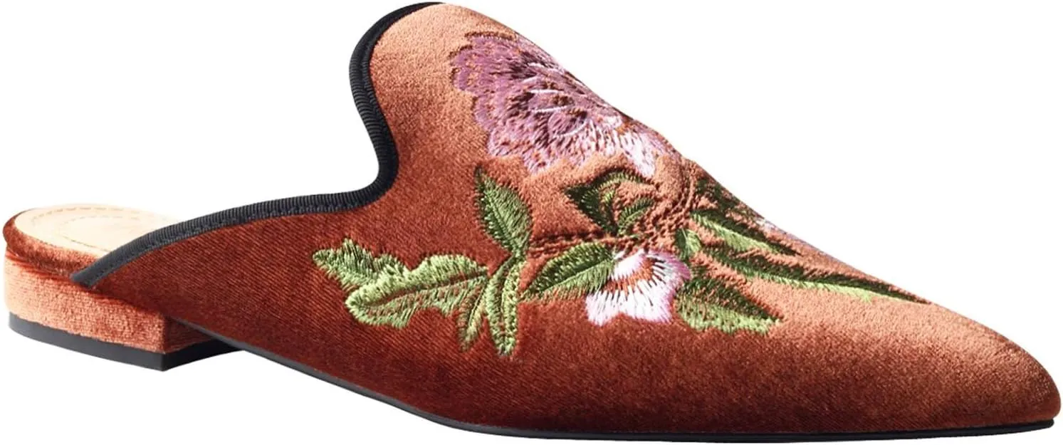 Fericzot Women's Velvet Backless Pointed Toe Slip On Loafers Flats Embroidery Mule Slippers Shoes