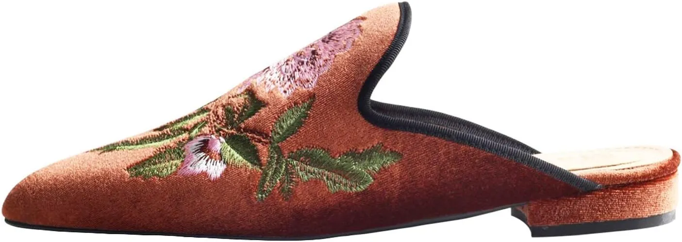 Fericzot Women's Velvet Backless Pointed Toe Slip On Loafers Flats Embroidery Mule Slippers Shoes