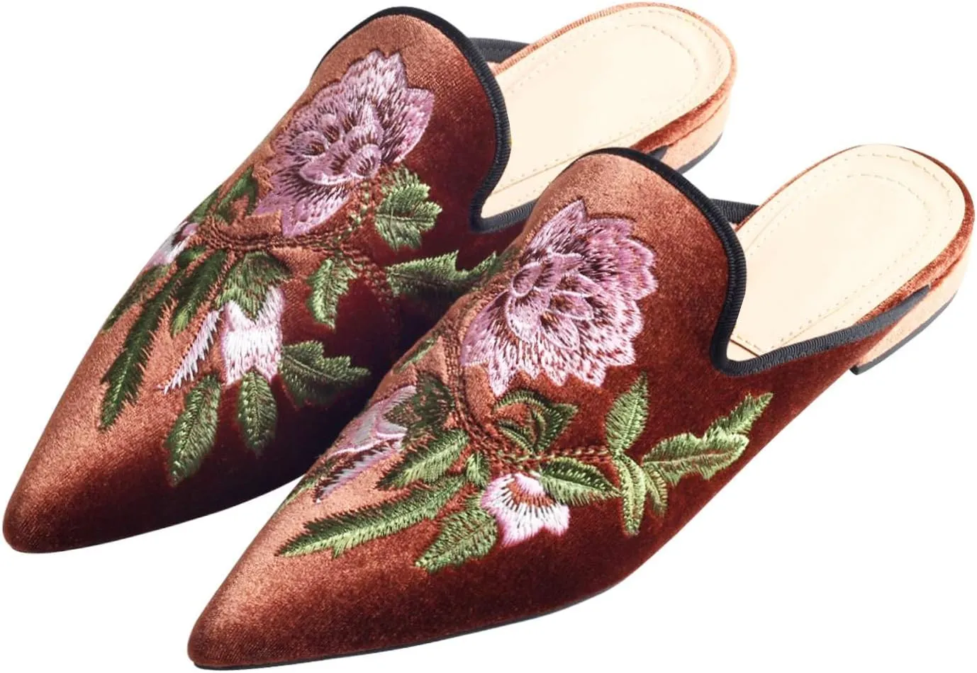 Fericzot Women's Velvet Backless Pointed Toe Slip On Loafers Flats Embroidery Mule Slippers Shoes