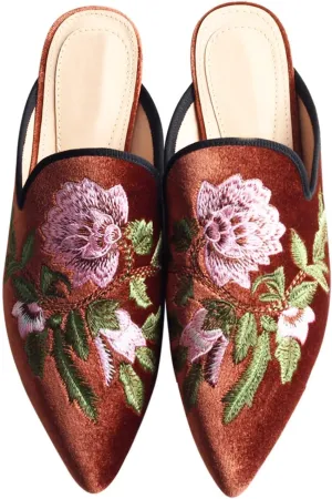 Fericzot Women's Velvet Backless Pointed Toe Slip On Loafers Flats Embroidery Mule Slippers Shoes