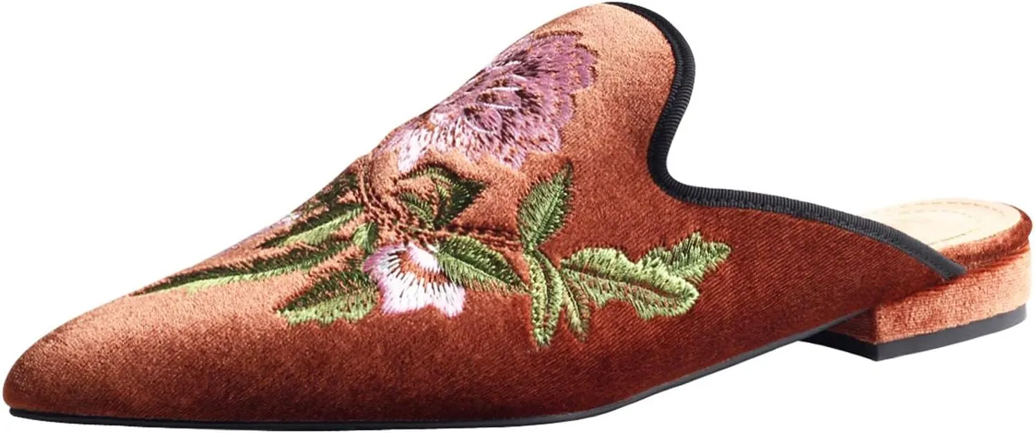 Fericzot Women's Velvet Backless Pointed Toe Slip On Loafers Flats Embroidery Mule Slippers Shoes