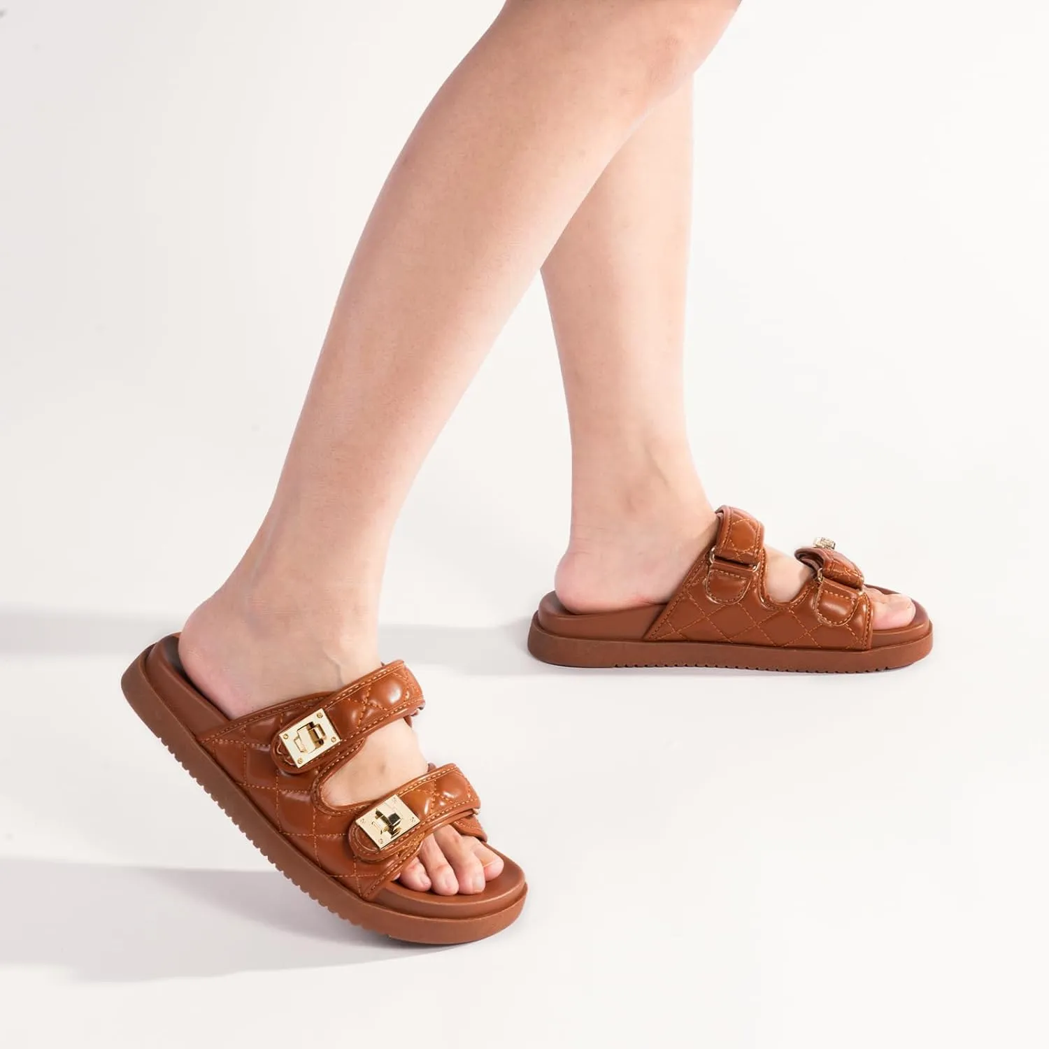 FITORY Women's Flat Sandals Classic Adjustable Double Strap with Cushioned Footbed for Summer Size 6-11