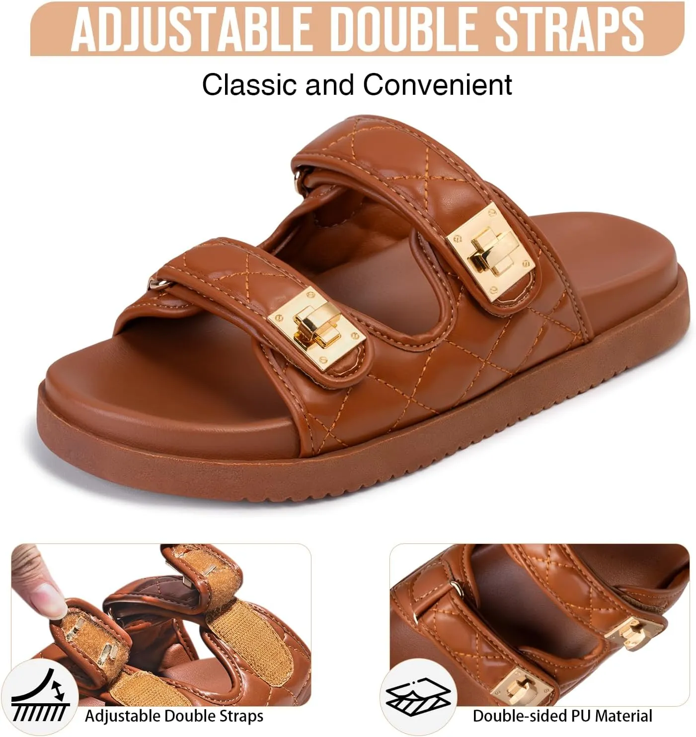 FITORY Women's Flat Sandals Classic Adjustable Double Strap with Cushioned Footbed for Summer Size 6-11