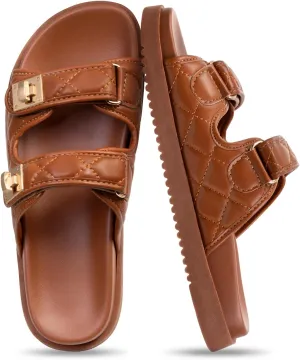 FITORY Women's Flat Sandals Classic Adjustable Double Strap with Cushioned Footbed for Summer Size 6-11