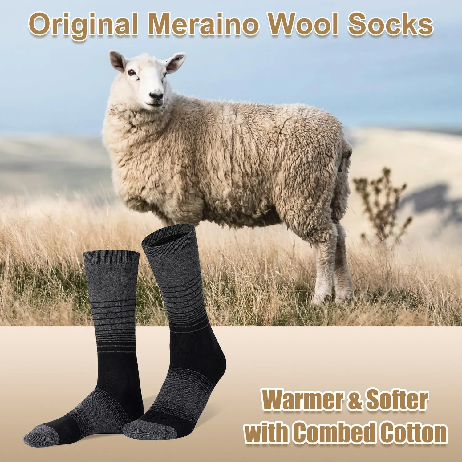 FITRELL 4 Pack Men's Merino Wool Hiking Socks, Wicking Cushioned, Warm Thermal Lightweight Boot Crew Dress Socks