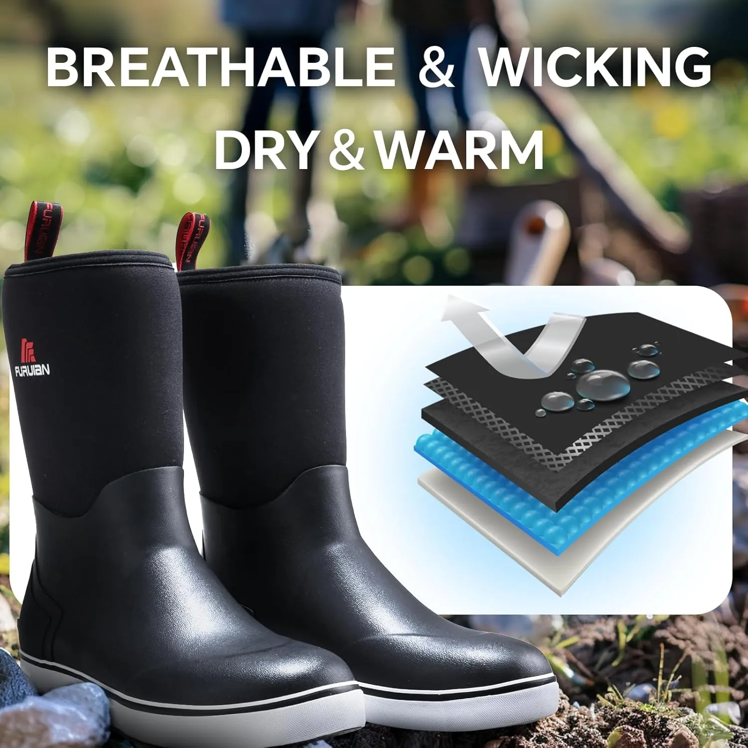 Furuian Men's Deck Boots Mid Calf Fishing Boots Rubber Boots for Men Waterproof Work Boots Longshore Durable Anti Slip Rain Boots