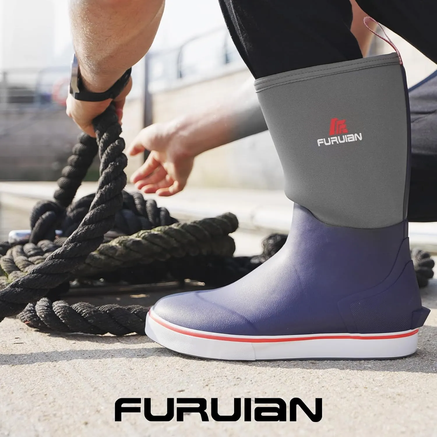 Furuian Men's Deck Boots Mid Calf Fishing Boots Rubber Boots for Men Waterproof Work Boots Longshore Durable Anti Slip Rain Boots
