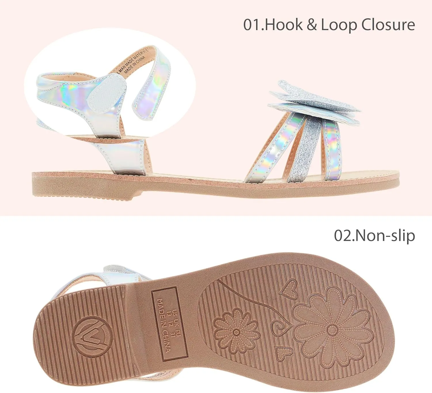 Girls Pink Flat Sandals for Girls, Shiny Princess Wedding Party Shoes