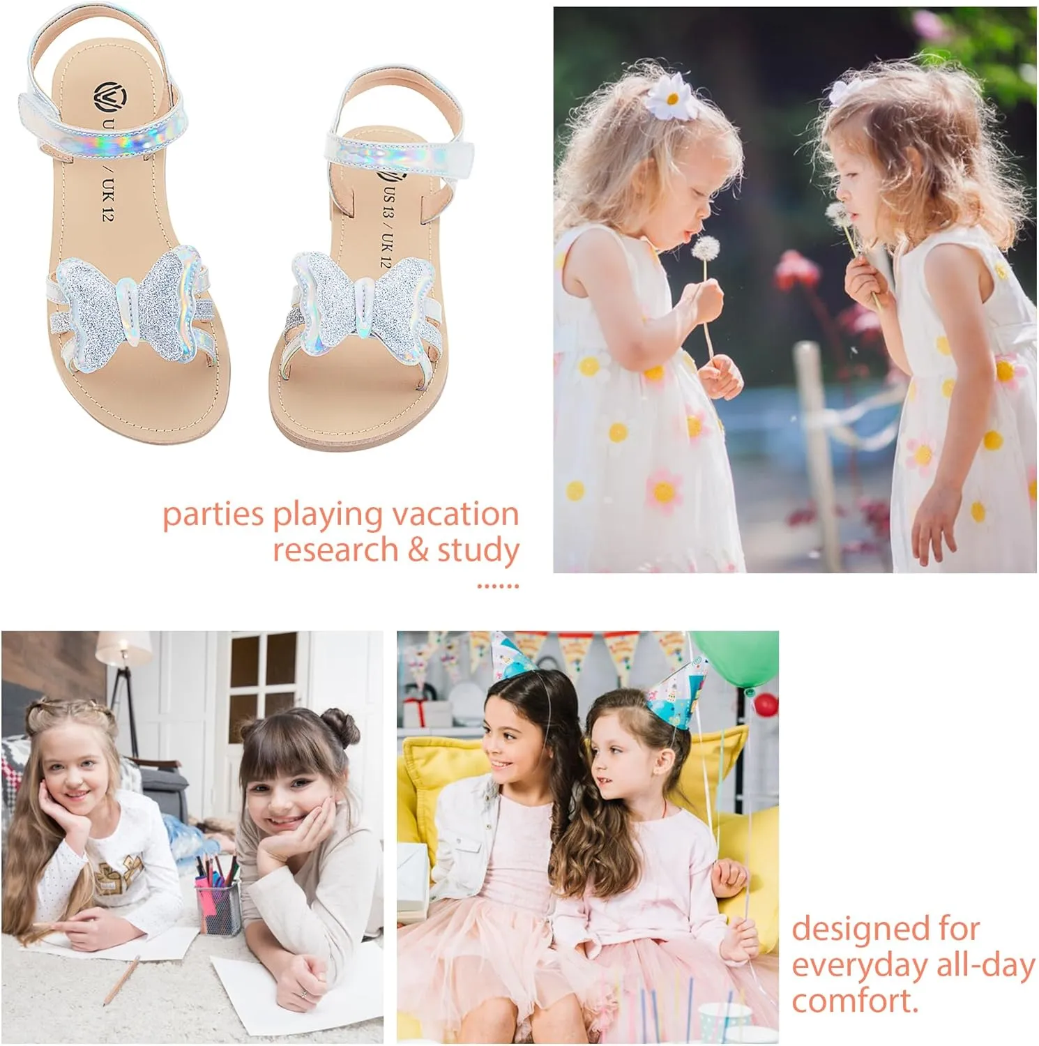 Girls Pink Flat Sandals for Girls, Shiny Princess Wedding Party Shoes