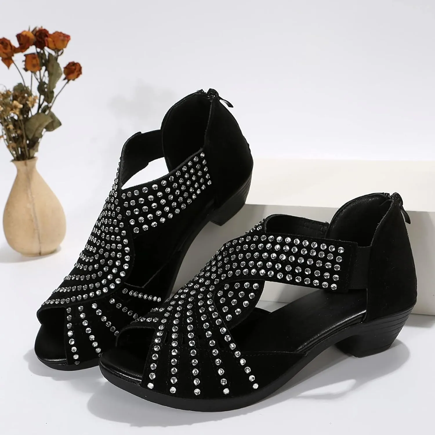 Glow Step Orthopedic Sandals, Brightelites/Soipeshop Low Heel Cut-Out Sandal, Sparkly Rhinestone Open Toe Dress Shoes