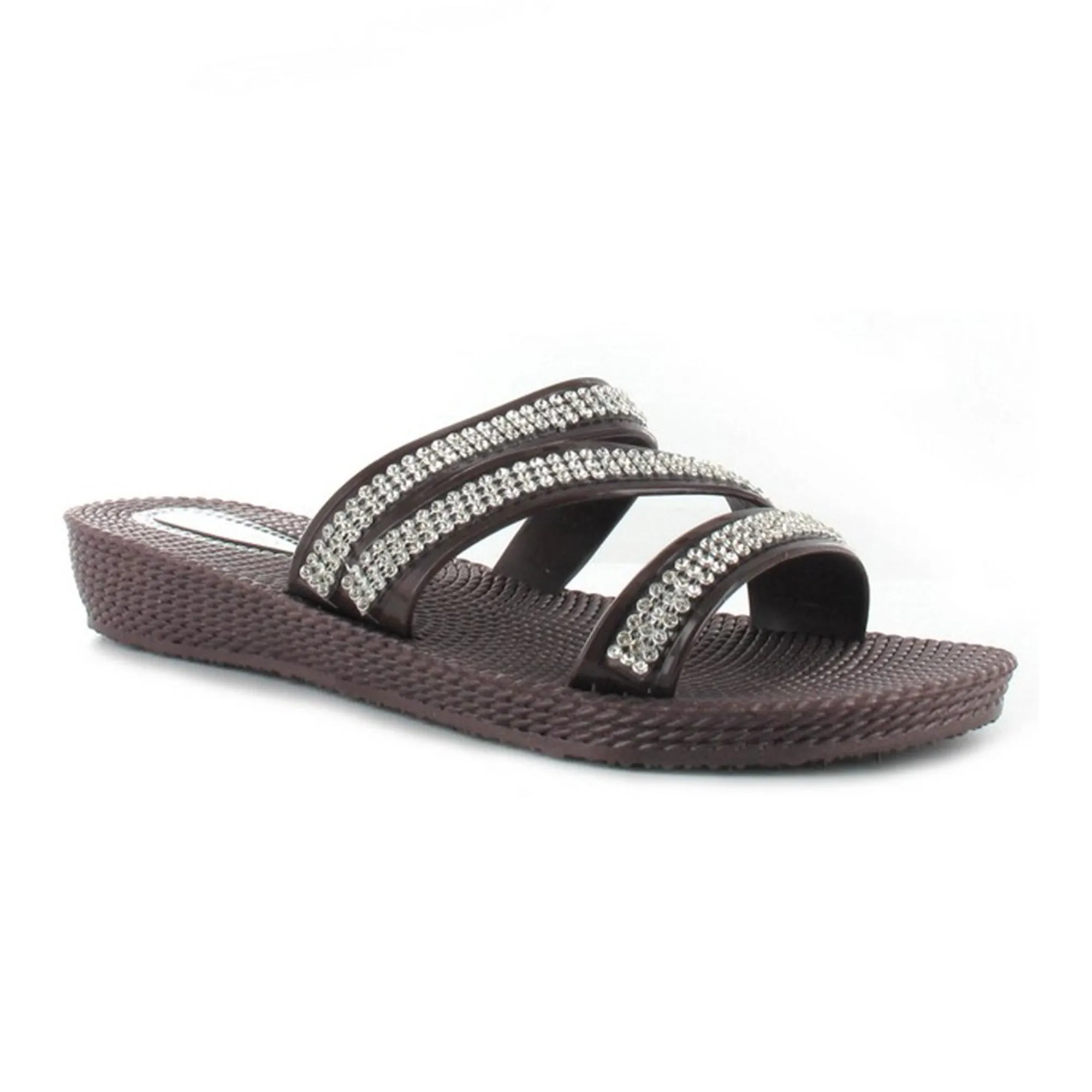 Grace: Women's Diamante Cross Over Strap Flat Sandals - Brown