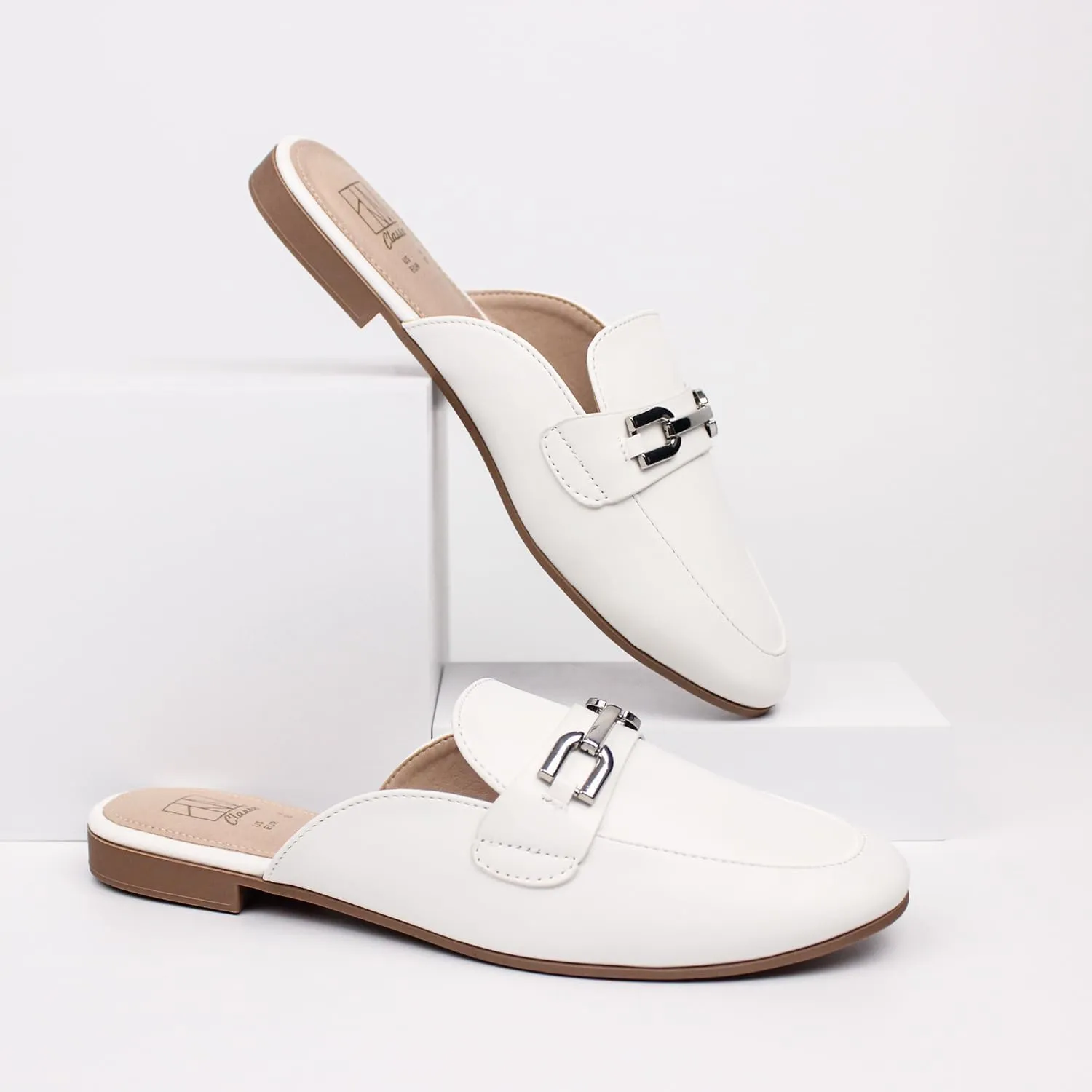 Hawkwell Women's Metal Chain Decor Backless Slip on Slides Loafer Shoes Flats Comfortable Round Toe Mules