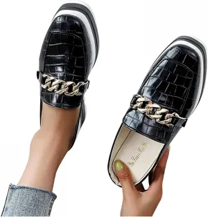 Hbeylia Platform Mule Slippers Shoes For Women Ladies Fashion Snake Leather Metal Chain Square Toe Chunky Bottom High Heels Slip On Loafers Sandals Casual Flats Dress Walking Slides Shoes For Fall