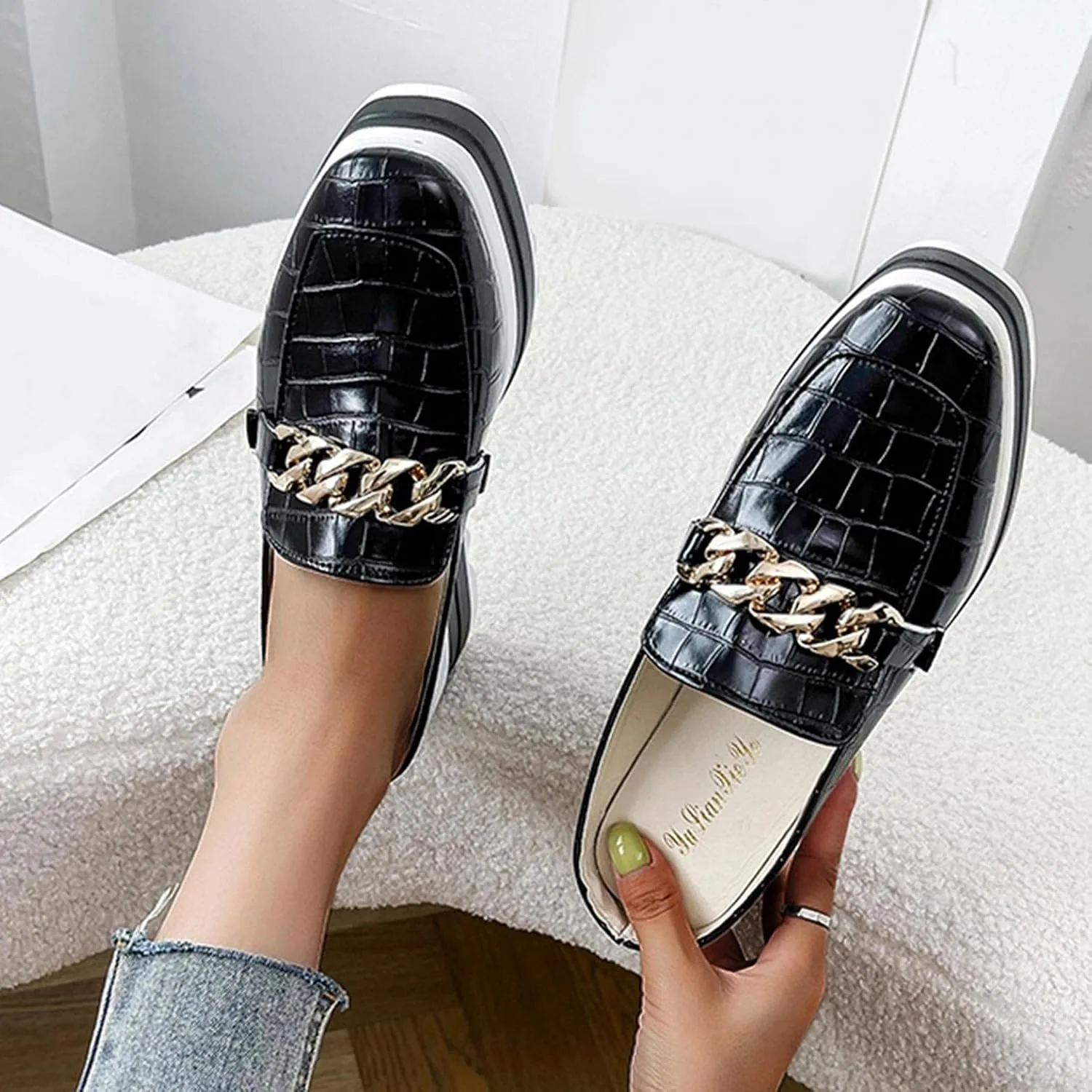 Hbeylia Platform Mule Slippers Shoes For Women Ladies Fashion Snake Leather Metal Chain Square Toe Chunky Bottom High Heels Slip On Loafers Sandals Casual Flats Dress Walking Slides Shoes For Fall