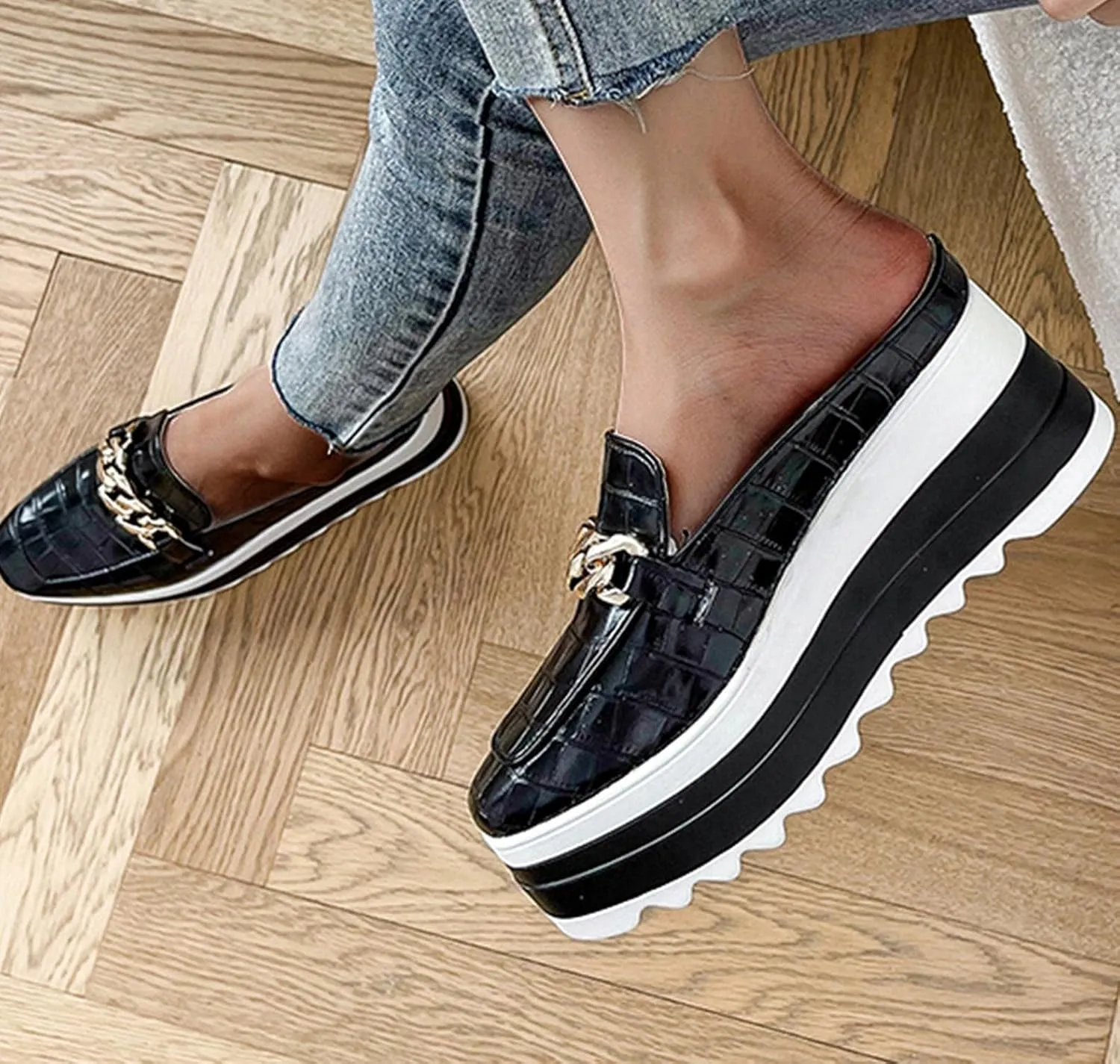 Hbeylia Platform Mule Slippers Shoes For Women Ladies Fashion Snake Leather Metal Chain Square Toe Chunky Bottom High Heels Slip On Loafers Sandals Casual Flats Dress Walking Slides Shoes For Fall