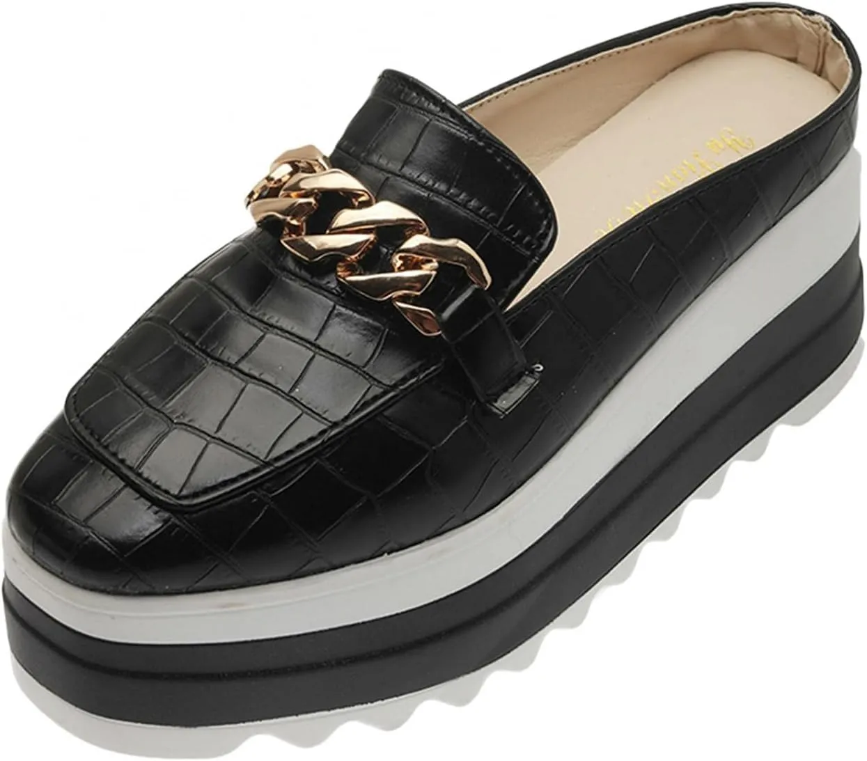 Hbeylia Platform Mule Slippers Shoes For Women Ladies Fashion Snake Leather Metal Chain Square Toe Chunky Bottom High Heels Slip On Loafers Sandals Casual Flats Dress Walking Slides Shoes For Fall