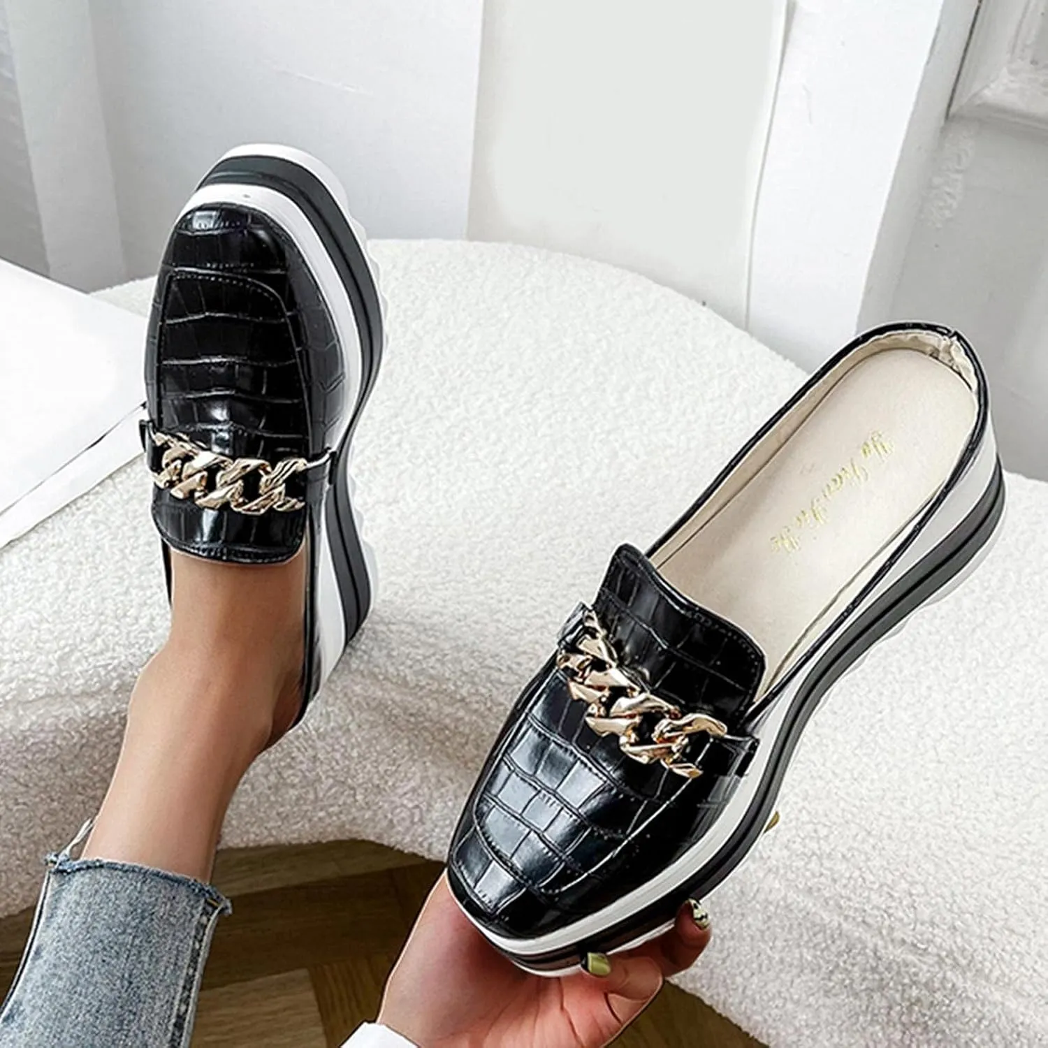 Hbeylia Platform Mule Slippers Shoes For Women Ladies Fashion Snake Leather Metal Chain Square Toe Chunky Bottom High Heels Slip On Loafers Sandals Casual Flats Dress Walking Slides Shoes For Fall