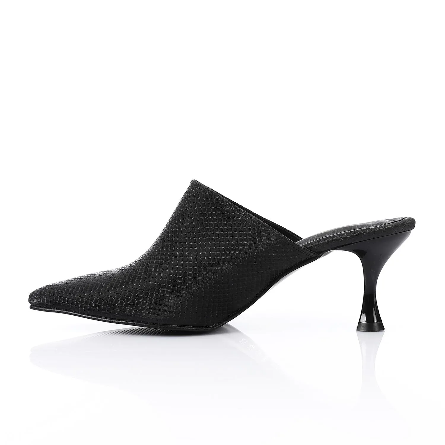 High Heel Mule Sandals Elegant Pointed Toe, Faux Leather Texture, Black