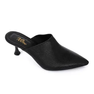 High Heel Mule Sandals Elegant Pointed Toe, Faux Leather Texture, Black