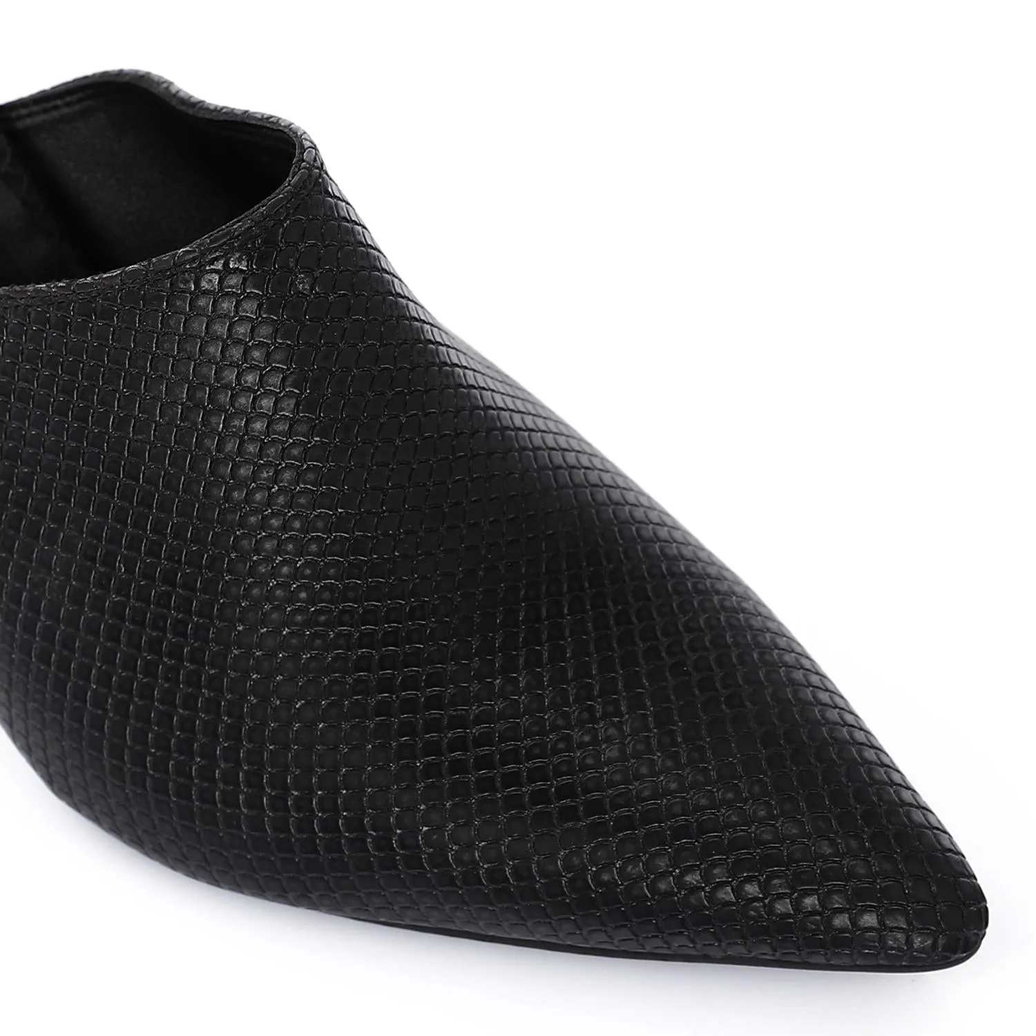 High Heel Mule Sandals Elegant Pointed Toe, Faux Leather Texture, Black