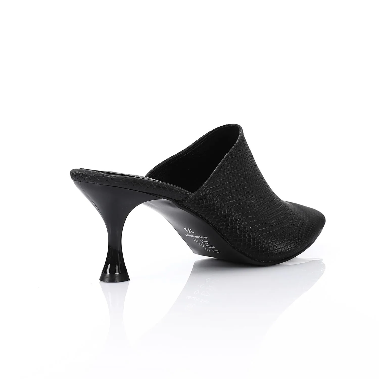 High Heel Mule Sandals Elegant Pointed Toe, Faux Leather Texture, Black