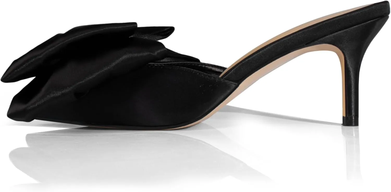 iadore Women's High Heel Sandals, 3'' Satin Closed Pointed Toe Oversized Bow Slip-on Stiletto Slippers Party Prom Casual Dress Mules