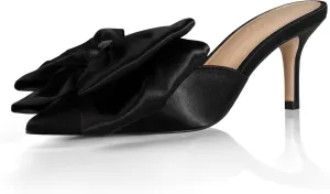 iadore Women's High Heel Sandals, 3'' Satin Closed Pointed Toe Oversized Bow Slip-on Stiletto Slippers Party Prom Casual Dress Mules
