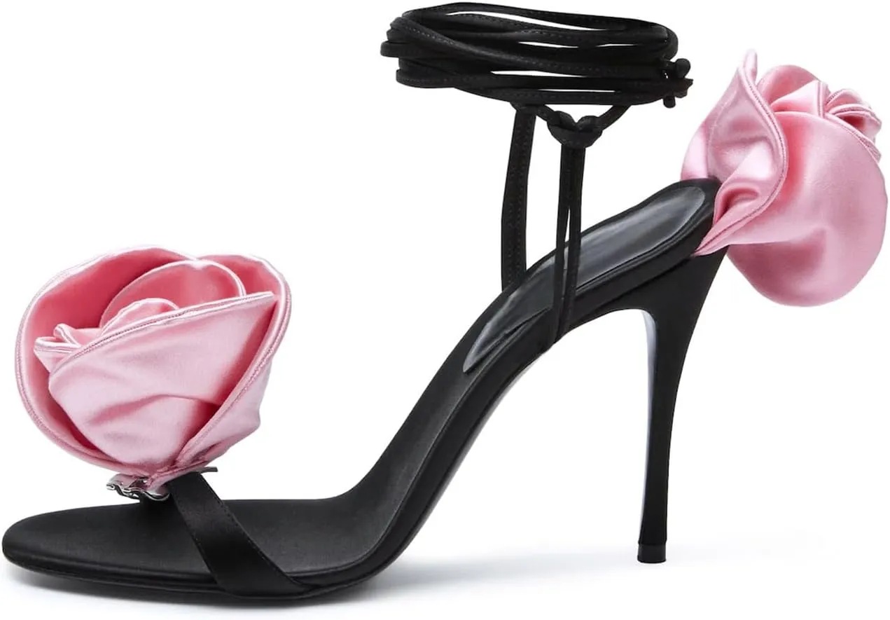 iadore Women's High Heels, 4'' Open Toe Floral Ankle Strappy Lace Up Stiletto Heeled Sandals with Back Flower Party Wedding Date Dress Shoes