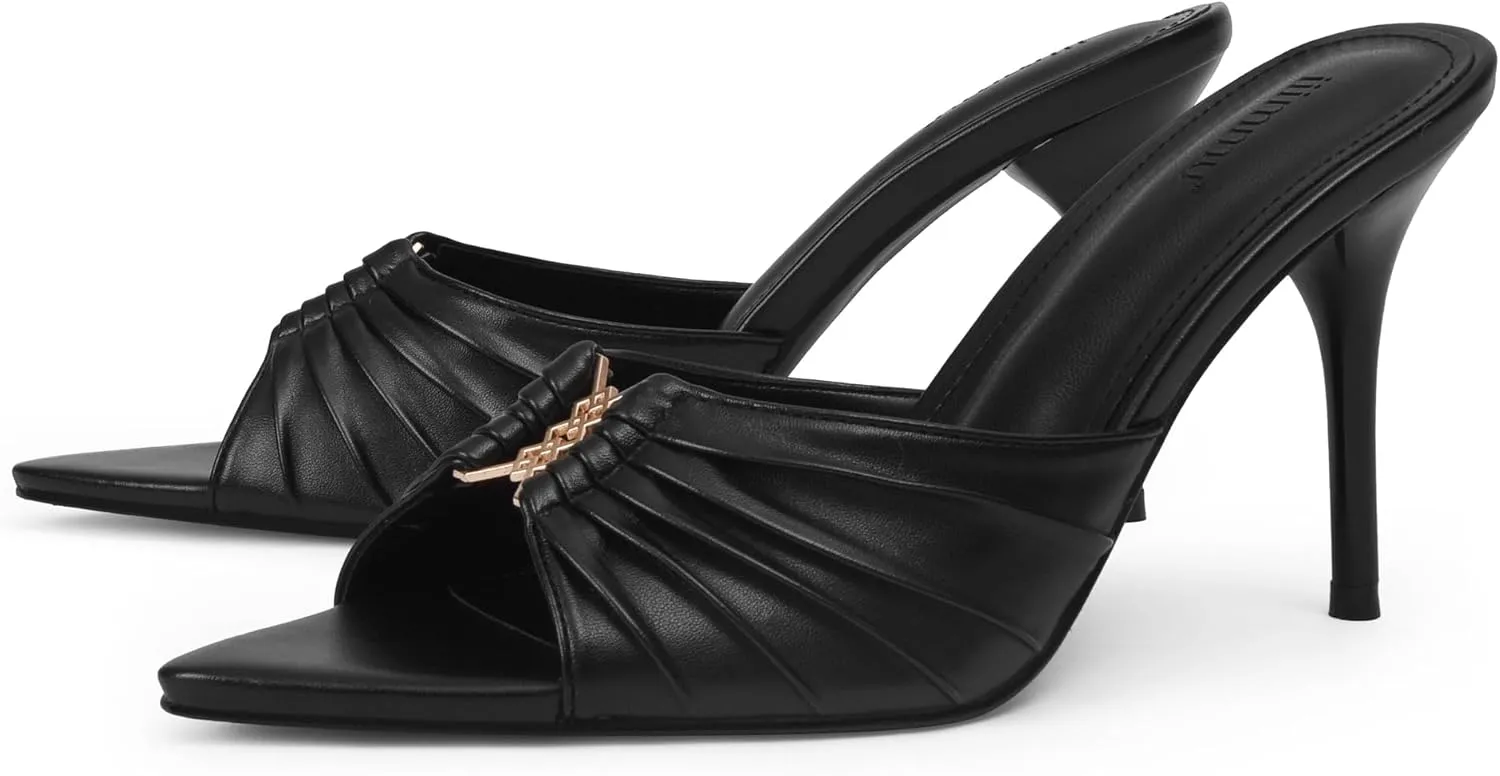 iiimmu 3.5 IN Stiletto Mules High Heels with Pointed Peep Toe Heeled Sandals Faux Leather
