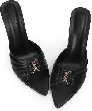 iiimmu 3.5 IN Stiletto Mules High Heels with Pointed Peep Toe Heeled Sandals Faux Leather