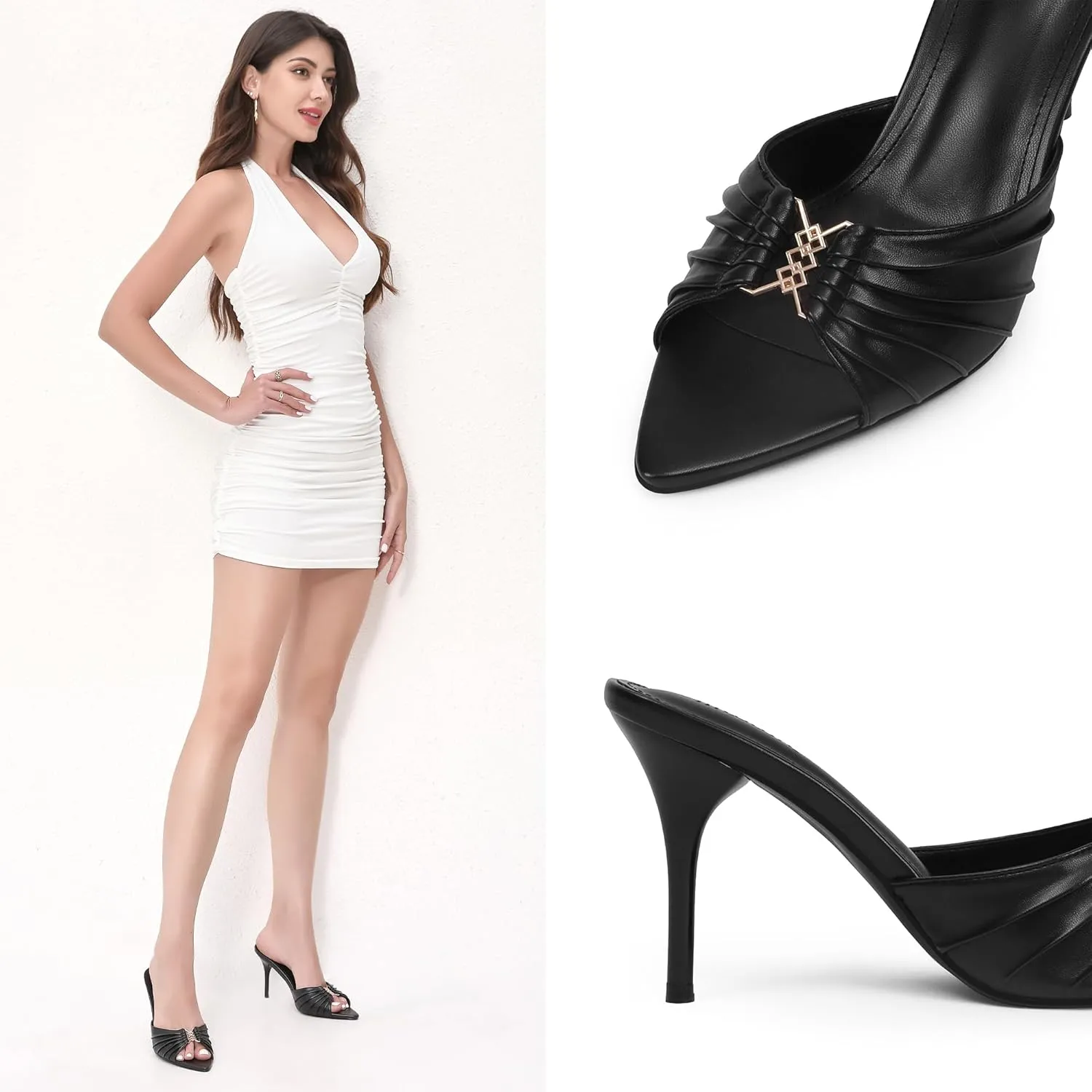 iiimmu 3.5 IN Stiletto Mules High Heels with Pointed Peep Toe Heeled Sandals Faux Leather