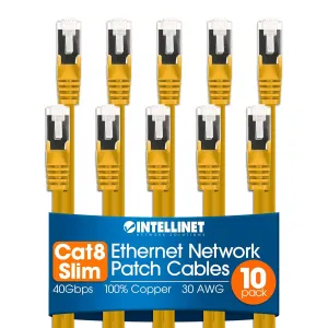 Intellinet Slim Cat8 Ethernet Network Patch Cable – 10-Pack - 40Gbps & 2000MHz, Snagless Boot, 30AWG Pure Bare Copper Wire, Gold-Plated Contacts, Lifetime Mfg Warranty – 14ft, 10 Pack, Yellow