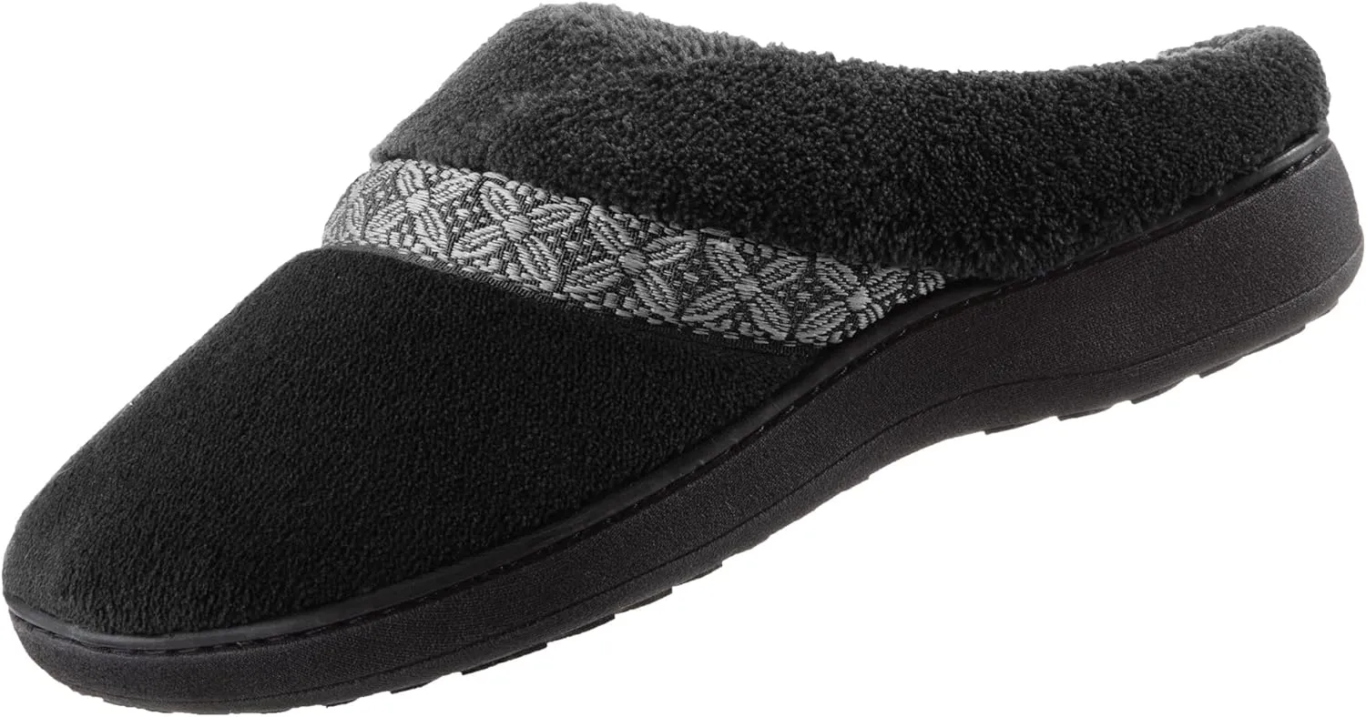 isotoner Women's Classic Hoodback W Memory Foam Slipper, Black with White Flower Trim, 6.5-7